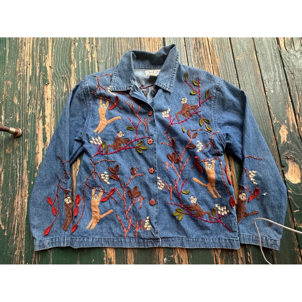 Textura Vintage Denim Jacket Embroidered Monkey Jungle Sequin Button Up Medium